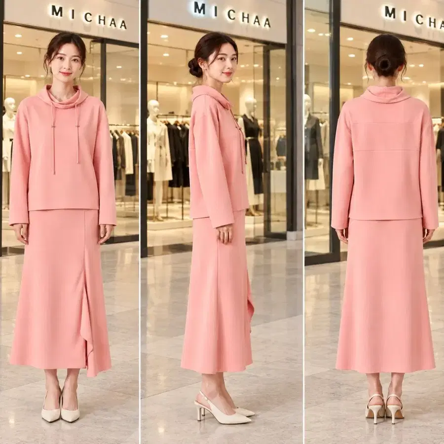 미샤 MICHAA 코랄핑크 드레이프넥 블라우스 언발 롱스커트 셋업[드라이완료]