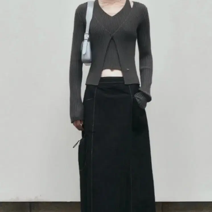 니브 neev 스티치 라인 카고 롱 스커트 블랙 S