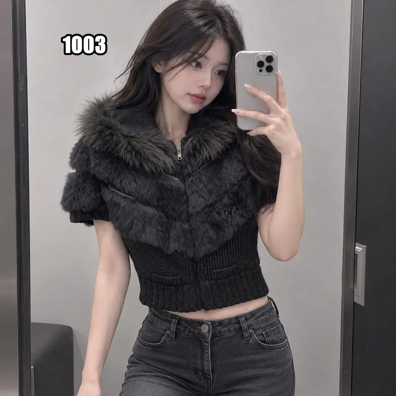 L 빈티지 후드 블랙 니트 퍼 가디건