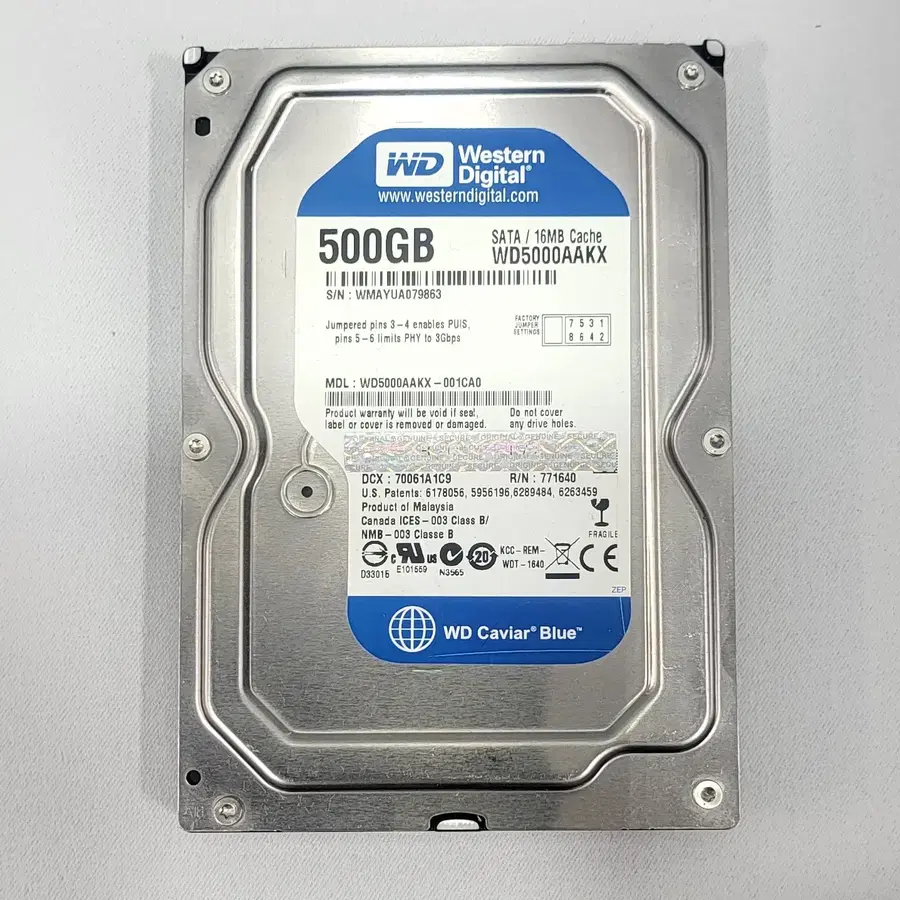 웨스턴디지털(WD 블루) 500GB 3.5인치 HDD (배드섹터 0%, 상태 양호 + 고급 SATA 케이블 2개 증정)