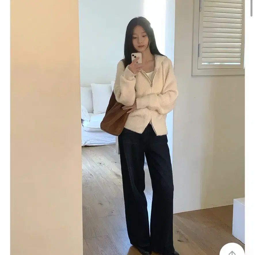 메리어라운드 리코 니트 후드집업 아이보리