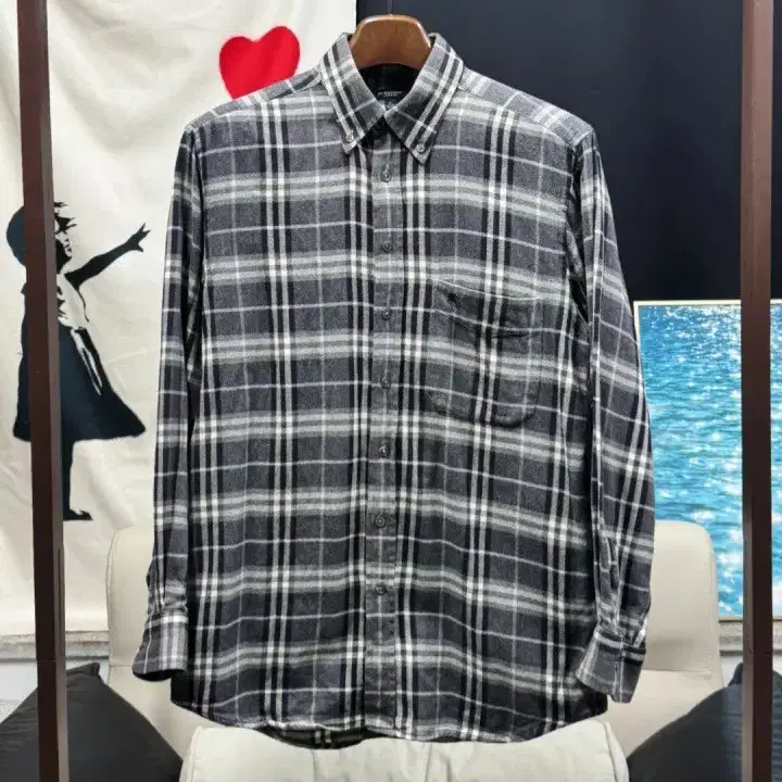남성100) 버버리 그레이 체크 코튼 셔츠