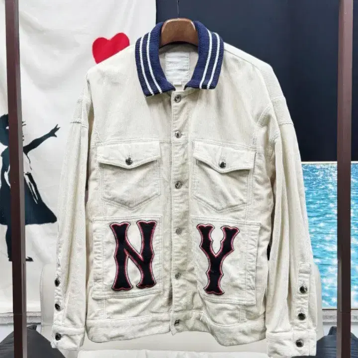 남성~105) MLB 오버핏 니트카라 코듀로이 자켓 크림컬러