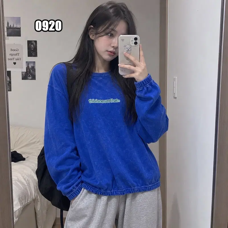 S 디스이스네버댓 블루 그린로고 포인트 맨투맨