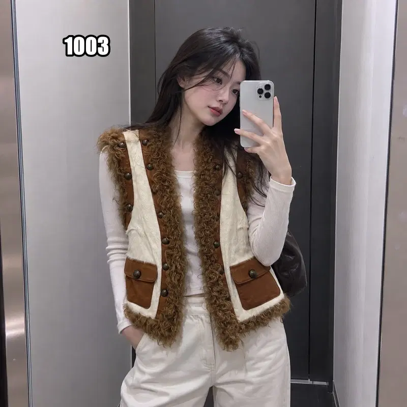S VTG 빈티지 퍼 트리밍 스터드 레더 베스트