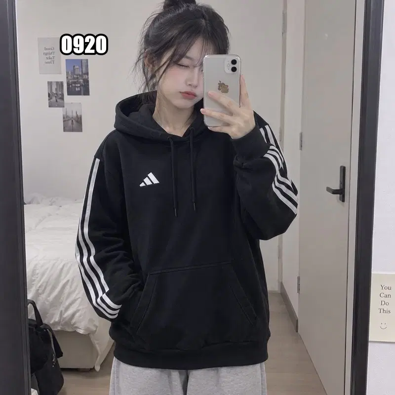 L 아디다스 삼선 로고 블랙 긴팔 후드티