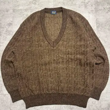 80s 울 100% V넥 니트 브라운 입체 편직 빅 실루엣 레트로