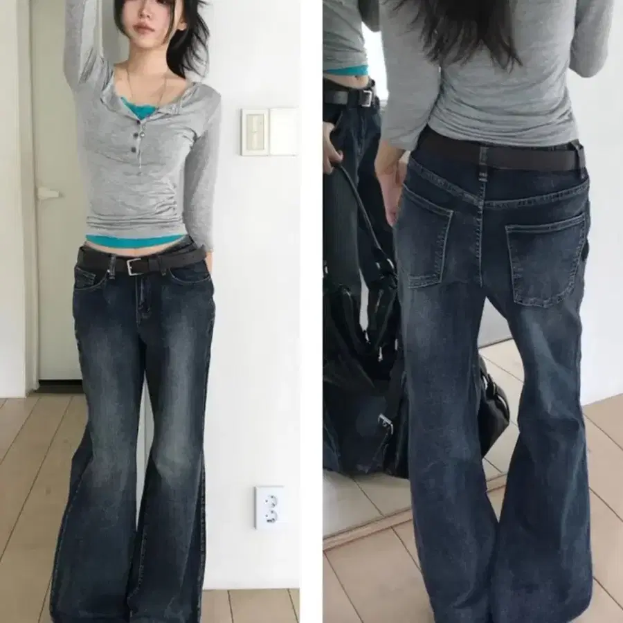 유색 노다 워싱 데님 세미 로우 부츠컷 팬츠