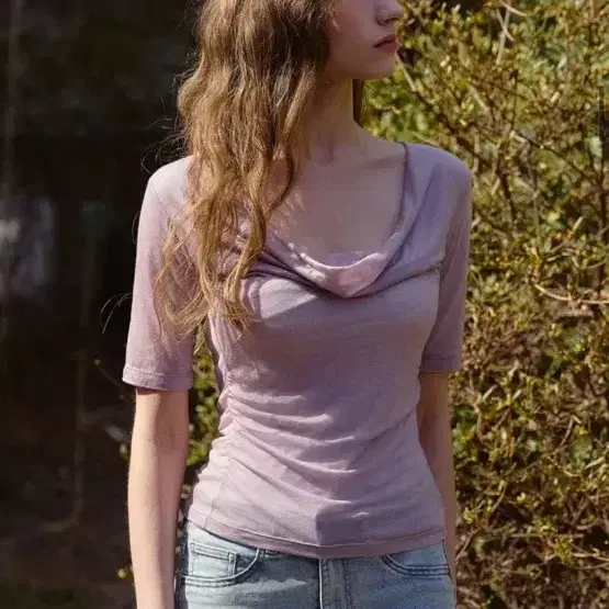 에브모우 드레이프 티셔츠 라벤더 M 사이즈 SOFT DRAPE BLOUSE-TYPE TEE