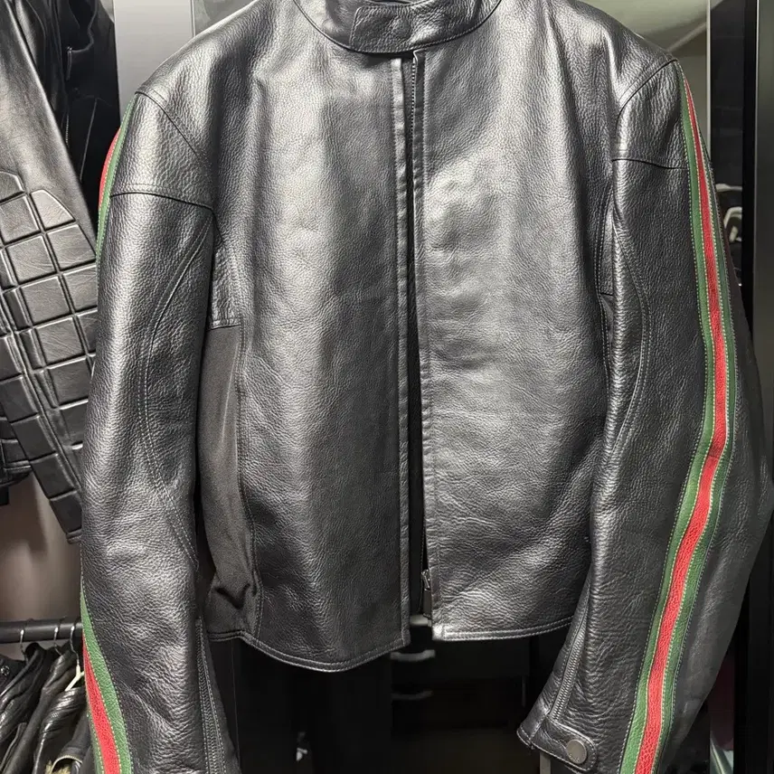 구찌 GUCCI 웹 스트라이프 레더 바이커 자켓 size52 사진 1