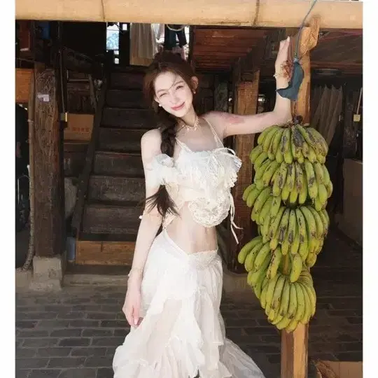 교신 화이트 레이스 프릴 오프숄더 휴양지 투피스 셋업 원피스