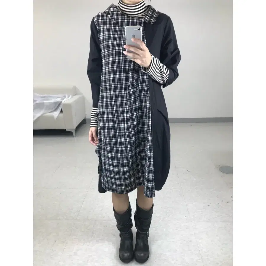 일본빈티지 블랙 체크 패치 반팔 벌룬핏 원피스 히피 모리걸
