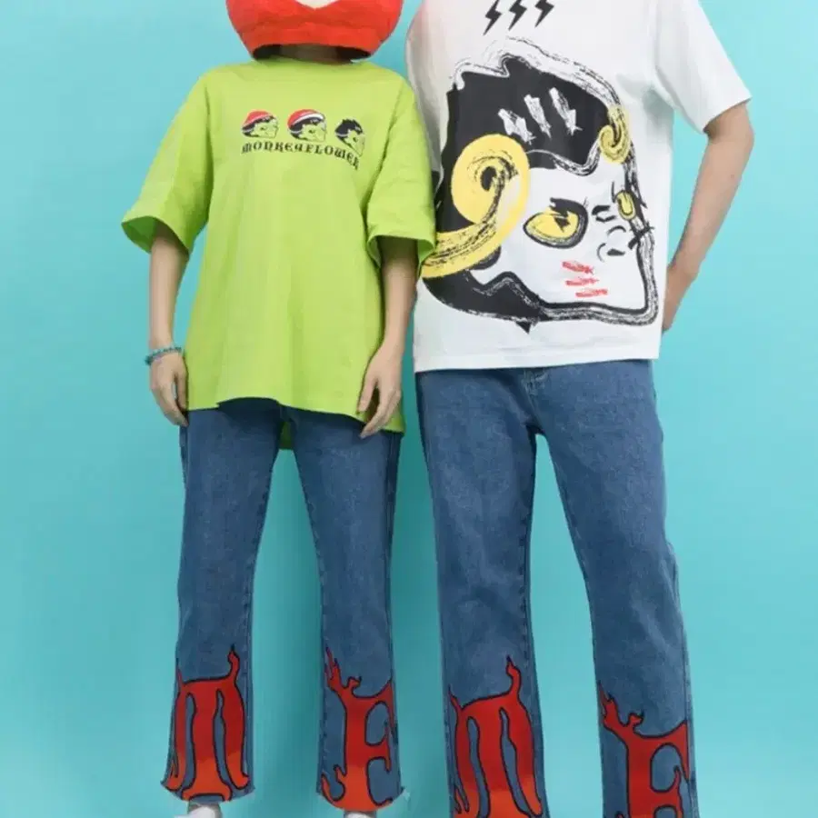 몽키플라워 불꽃무늬 와이드데님팬츠 남여공용 L