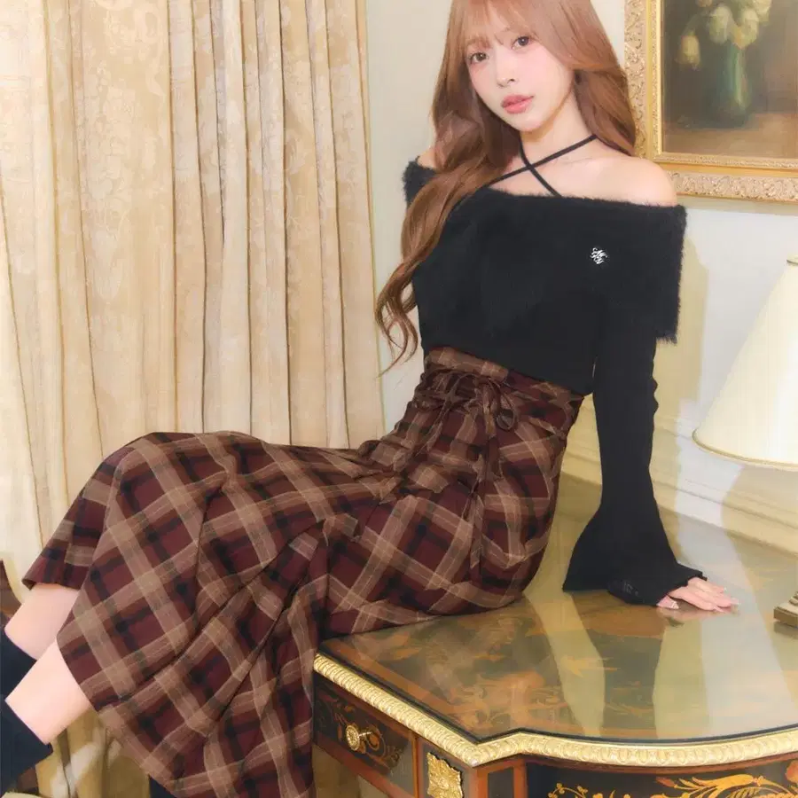 미셸마카롱 더블 리본 체크 머메이드 스커트