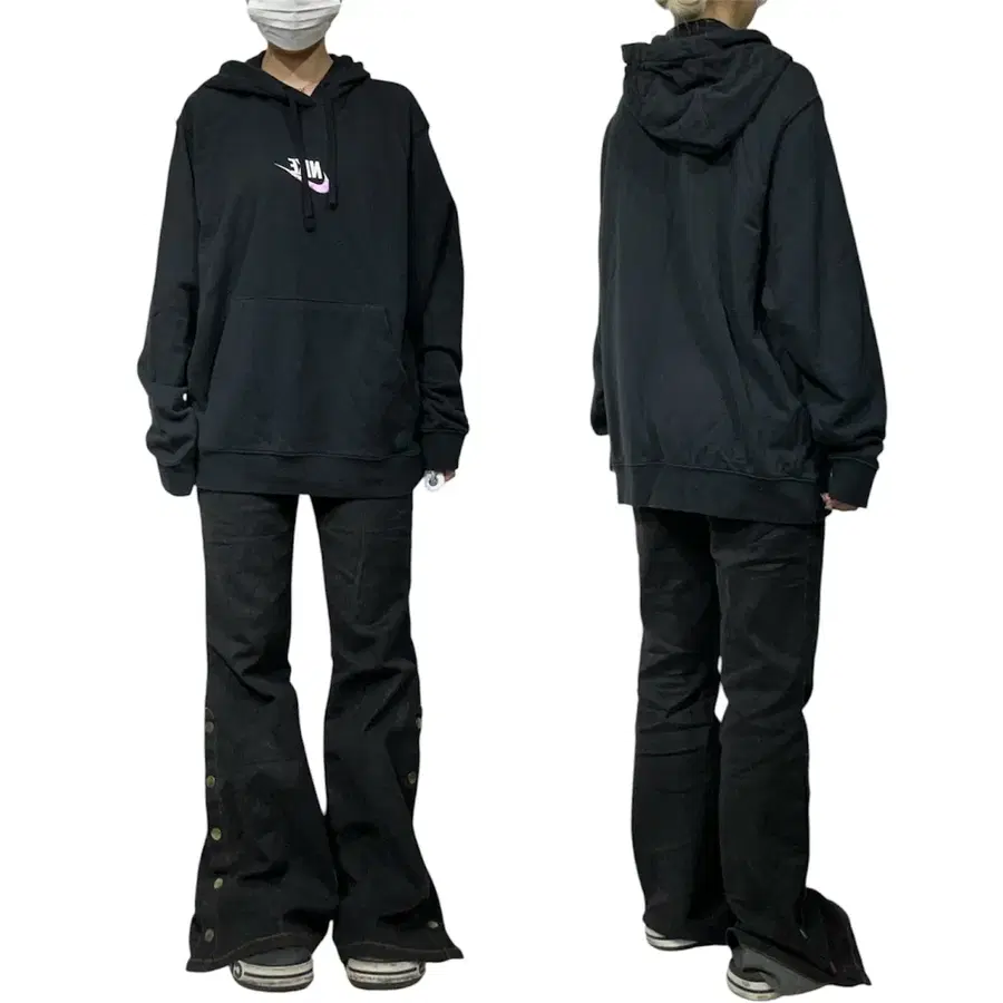 나이키 블랙 화이트 미드 스우시 오버핏 후드티 XL