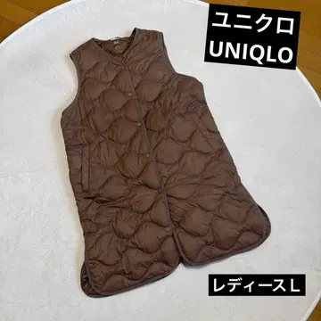 유니클로 울트라 라이트 다운 롱 베스트 L 브라운 퀼팅