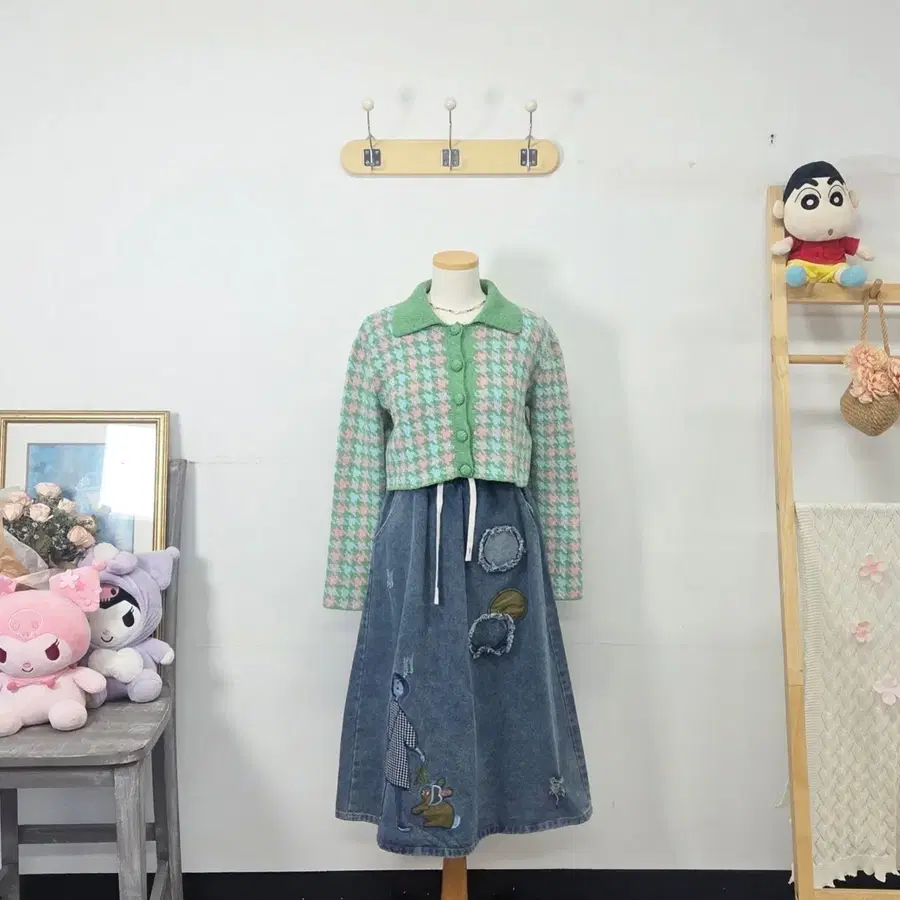 빈티지 만원샵 ZARA 그린 패턴 카라 니트 가디건