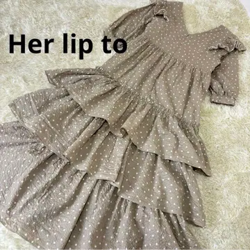 하립투 도트 티어드 롱 원피스 반팔 프릴 베이지 S