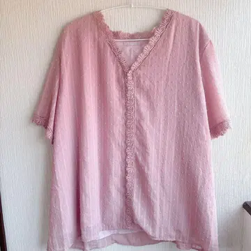 1-76 [ F ] 핑크 도비 원단 V넥 레이스 블라우스 봄 색상 성숙/러블리