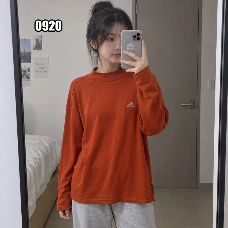 L 아디다스 레드오렌지 하프티 긴팔 맨투맨
