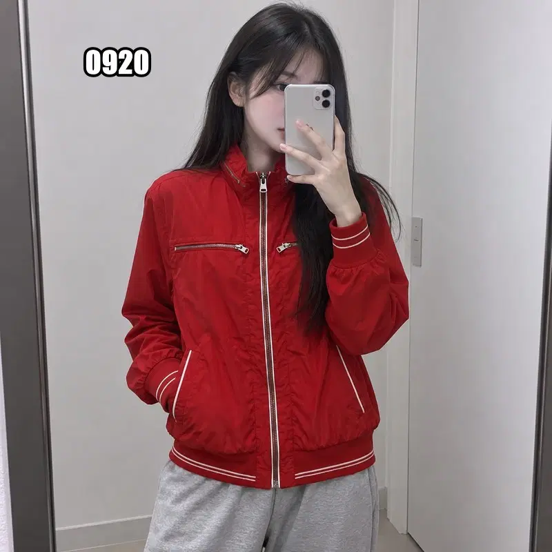 M 타미 힐피거 레드컬러 하이넥 집업 봄버 자켓