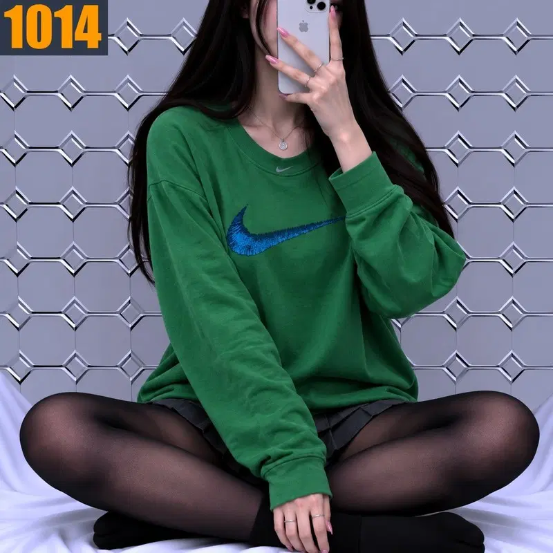 90 NIKE 나이키 그린 블루 스우시 빅로고 오버핏 맨투맨 S