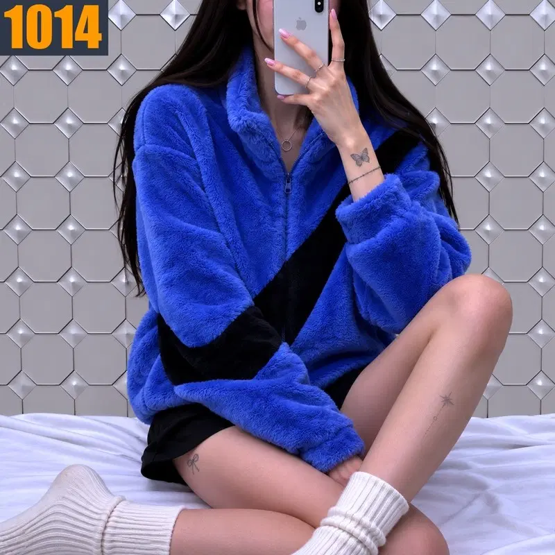 95 NIKE 나이키 로열블루 블랙 배색 스우시 보아 플리스 하프집업 자켓 M