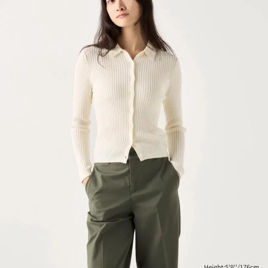 유니클로 여성 메리노 립 카라 가디건 M (오프화이트/네이비)