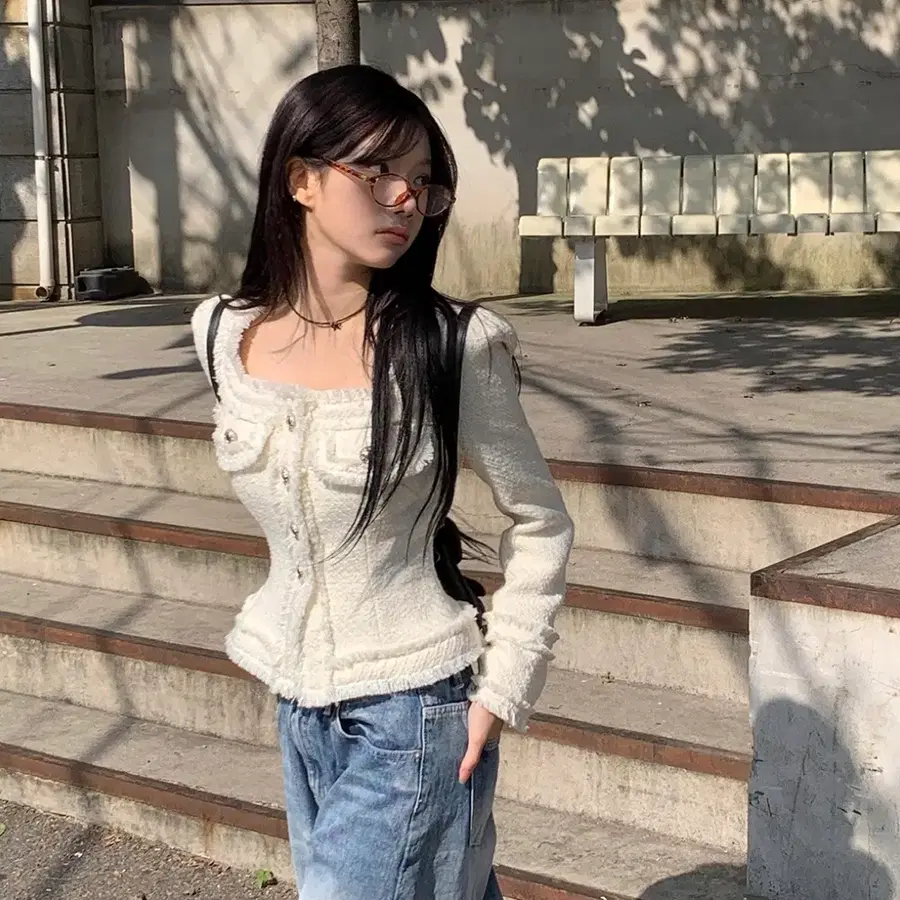 모디무드 라인 트위드 코트 자켓 아이보리 1사이즈
