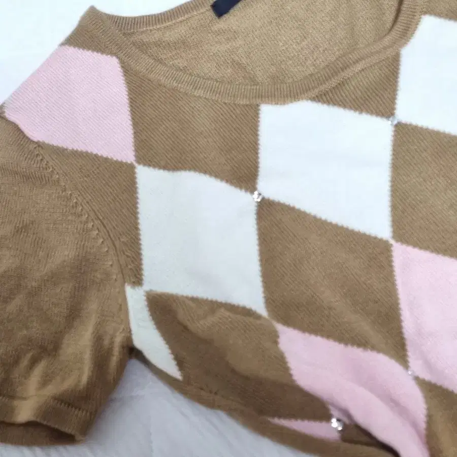 일본 빈티지 아가일 패턴 반팔 딸기초코 라떼갸루