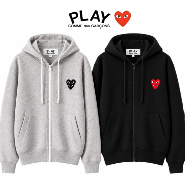 Authentic/New Product) Comme Des Garçons Doubleheart Hooded Zip-up Black Unisex (Napped X) Black/ Gray