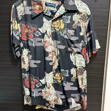 Jack's Surf 하와이안 셔츠 사자 모란 패턴 블랙 M