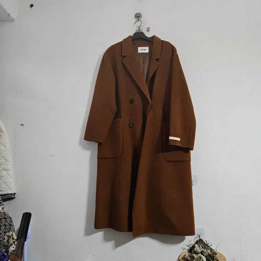 체크 울 코트 브라운