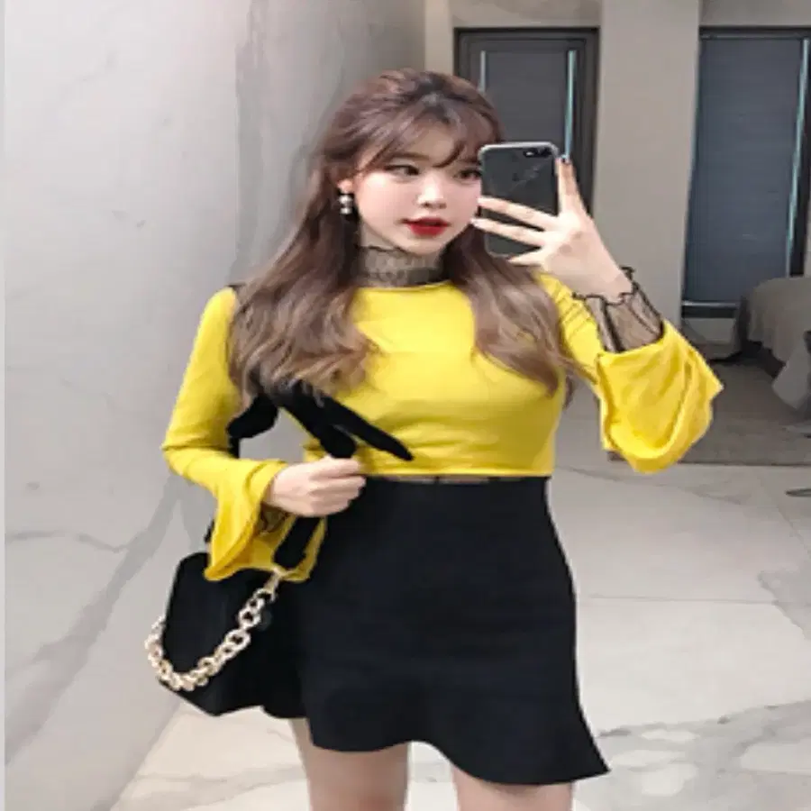 크롭 나팔소매 긴팔티 프릴 웨이브 언발 스커트 치마