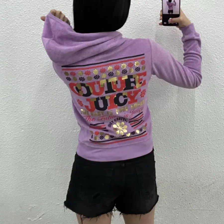 쥬시꾸뛰르 백프린팅 퍼플 벨벳 후드집업 M