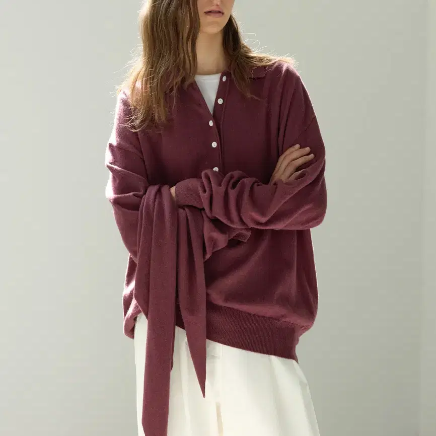 르바) Superfine Wool Henley Knit Set - Berry Plum