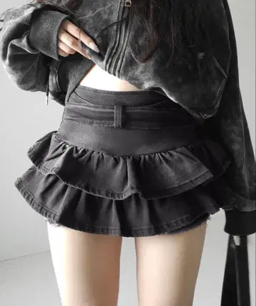 em+em select 벨티드 프릴 빈티지 데님 미니 치마바지 M