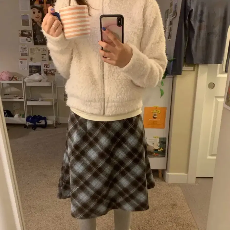 보우아카이브 tina flannel skirt 티나 체크 브라운 미디 스커트