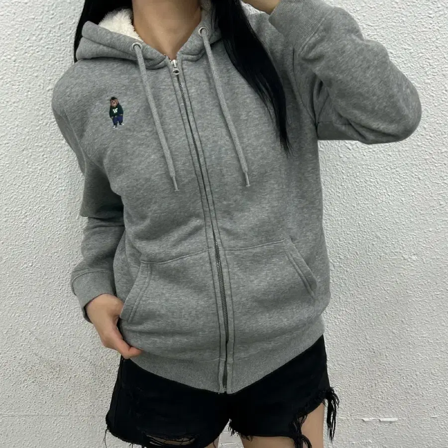 후아유 곰돌이로고 그레이 후드집업 S