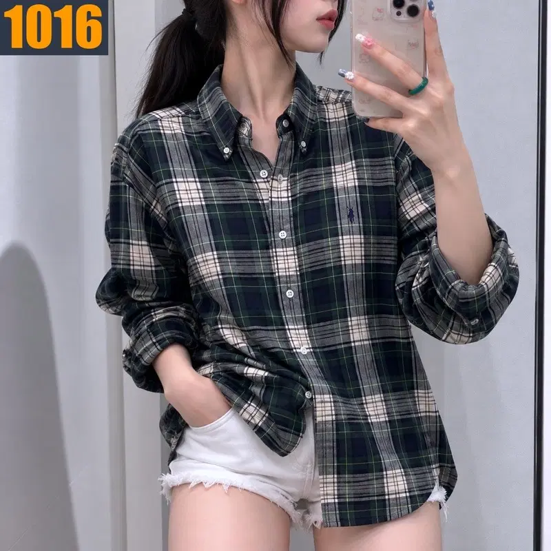 100 POLO 폴로 랄프로렌 그린 네이비 타탄 체크 포니 자수 긴팔 셔츠