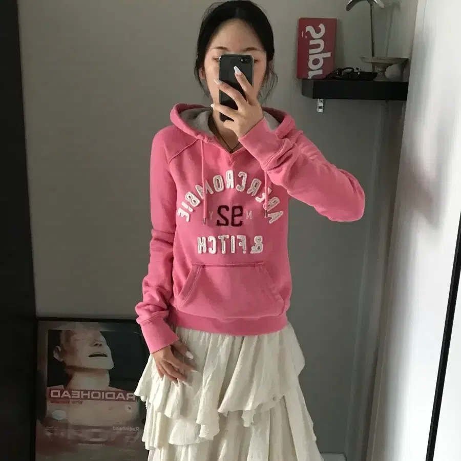 아베크롬비 중앙 자수로고 핑크 후드티