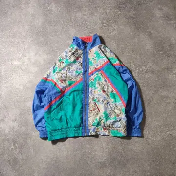 90s 빈티지 나일론 자켓 올 패턴 절개 블루그린 레트로 구제 의류 크롭 기장