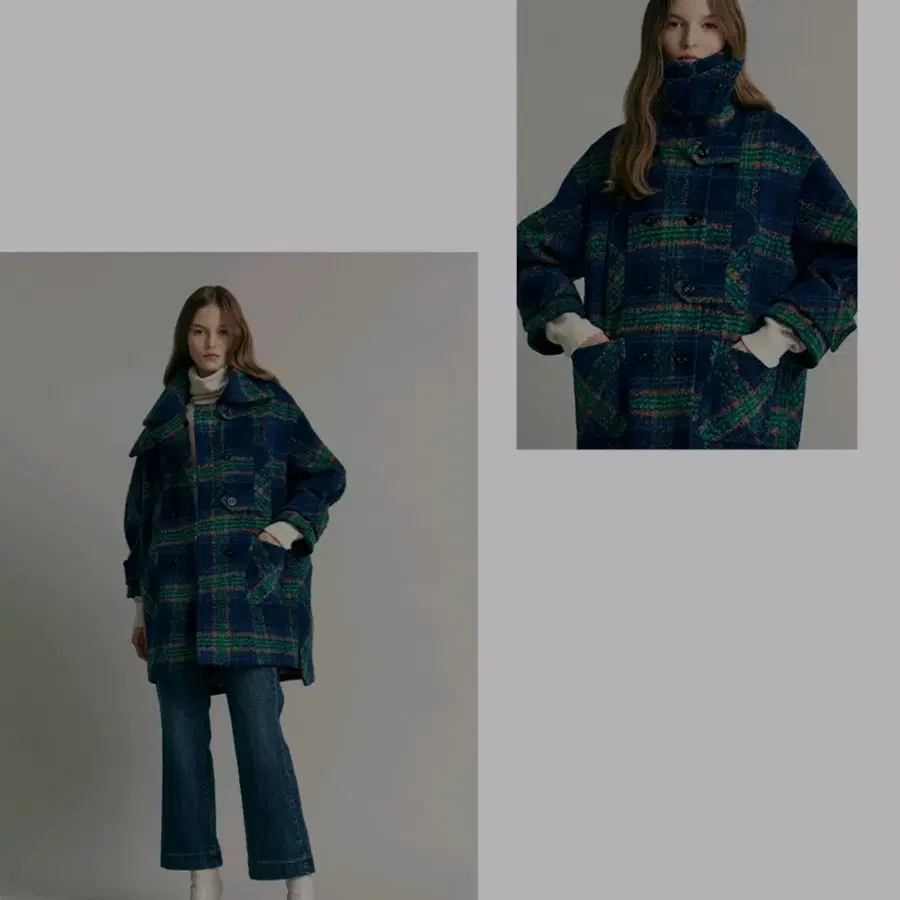 마쟈 컬렉션 컬러 체크패턴 비죠장식 볼륨소매 하프코트