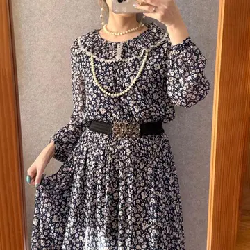 빈티지 쇼와 레트로 구제 의류 프릴 빅 칼라 꽃무늬 쉬폰 원피스 레이스
