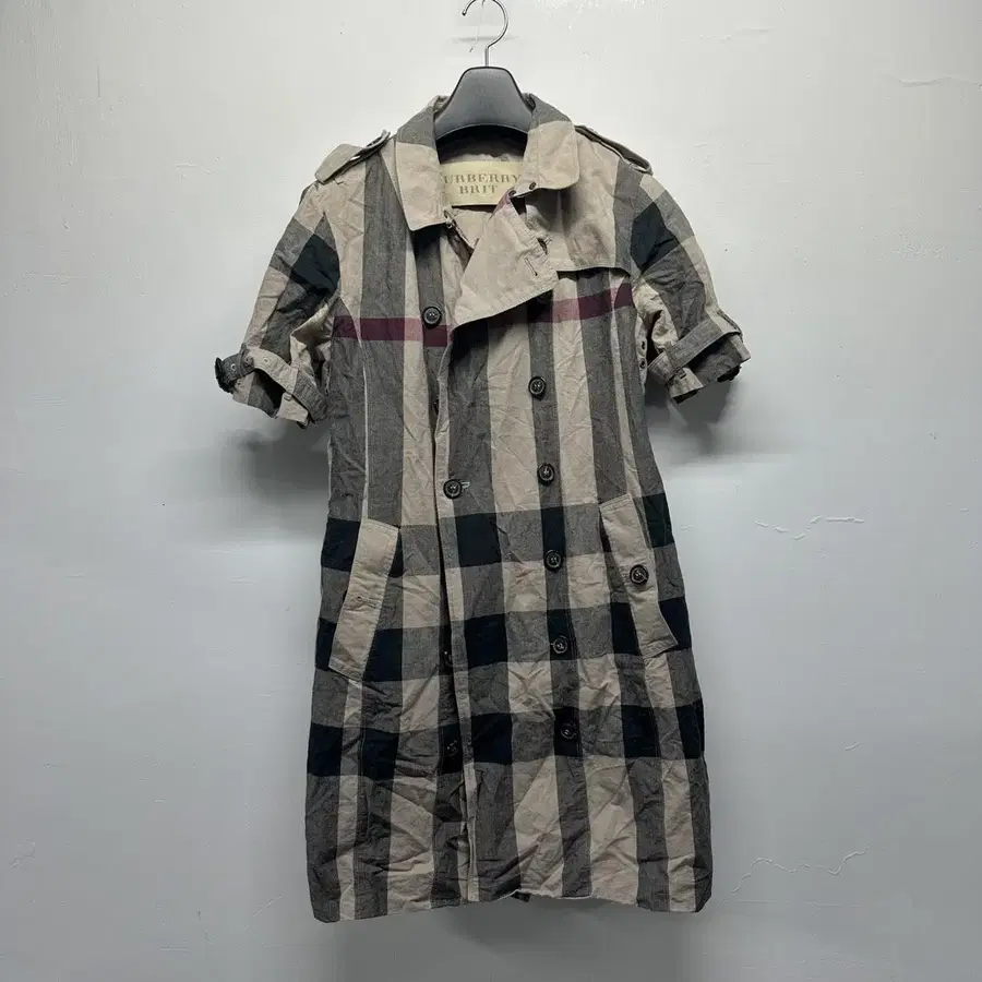 버버리 브릿 BURBERRY BRIT 메가체크 반팔 트렌치코트 트렌치원피스 더블 견장 린넨 코튼 정품 여성 55