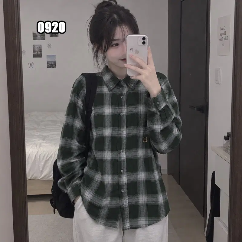 L 타미힐피거 빈티지 그린 패턴 카라 긴팔 셔츠