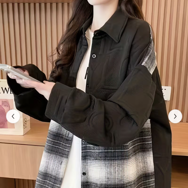 여성 체크배색 루즈핏 셔츠