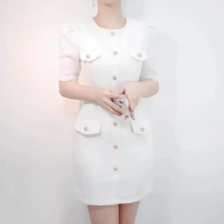 트위드 반팔 금장 원피스 하객룩 웨딩룩 아나운서 승무원