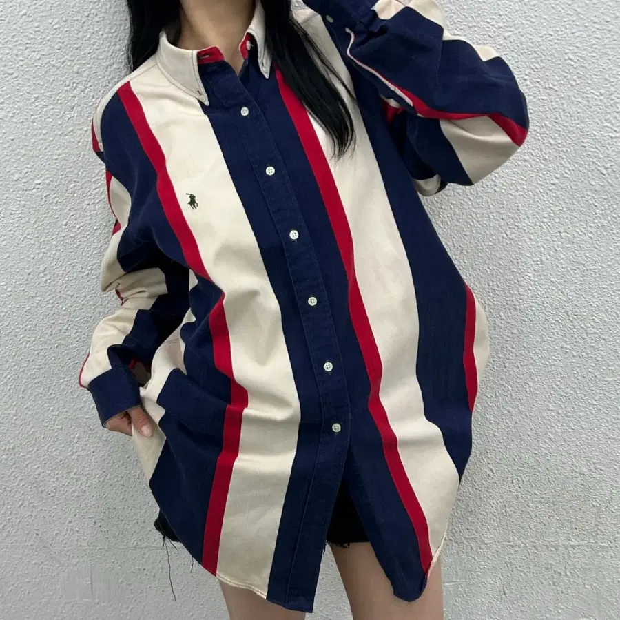 폴로 랄프로렌 그린포니 컬러배색 단가라 셔츠 L