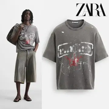 새상품 ZARA 자라 워시 가공 프린트 니트 T셔츠 차콜 그레이 S